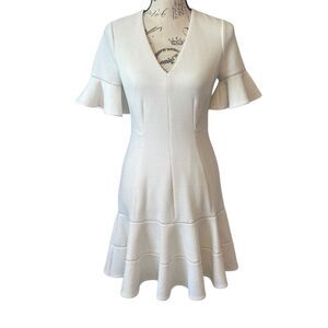 Rebecca Taylor V Neck Flutter Sleeve Peplum Hem MIDI Classic White Textured Dres